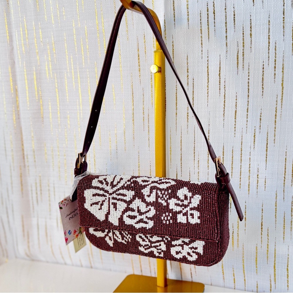 Handmade Beaded Y2K Shoulder Bag – Floral Brown & White – NWT - Picture 11 of 11